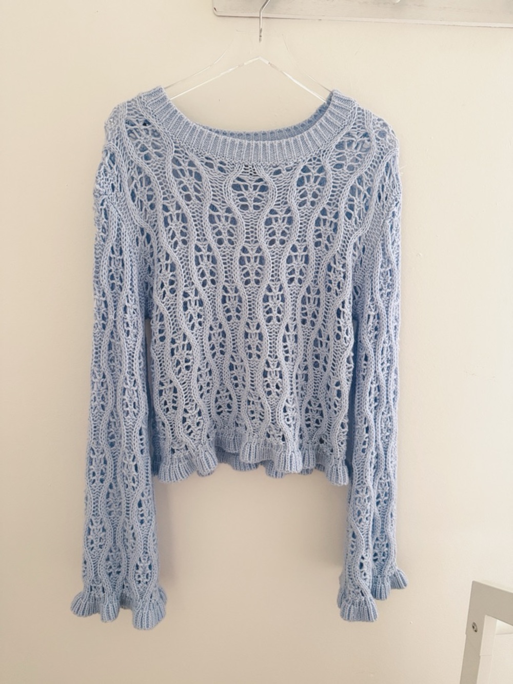 H&M Open-Knit Women's Sweater Bell Sleeve  Light Blue Ruffle Detail  size small